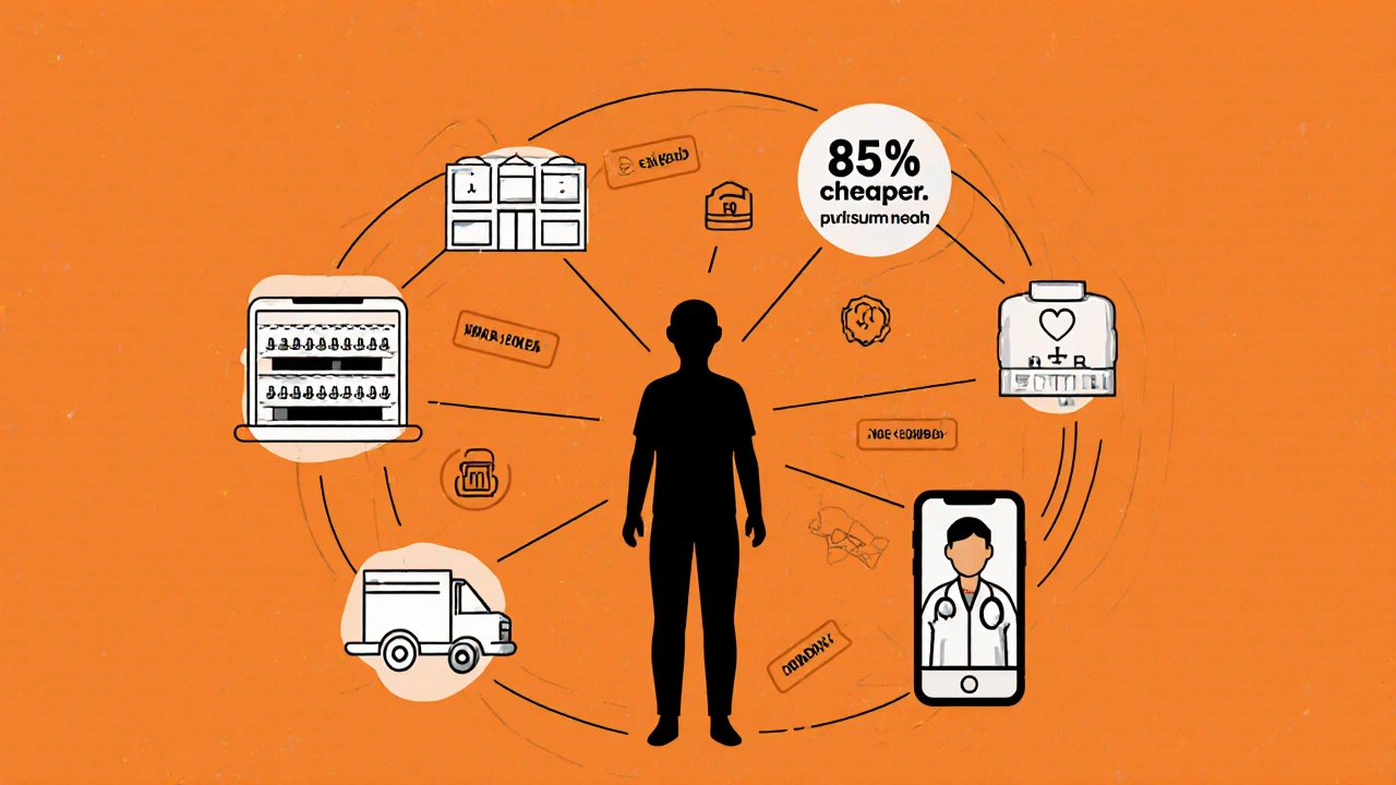 Digital health ecosystem connecting user to pharmacy, doctor, and health apps via line art.
