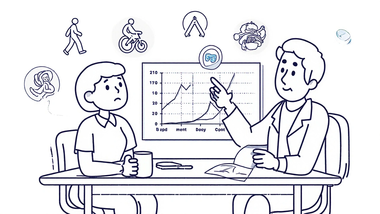 Doctor and patient discussing joint health chart with diarrhea icon and healthy lifestyle symbols