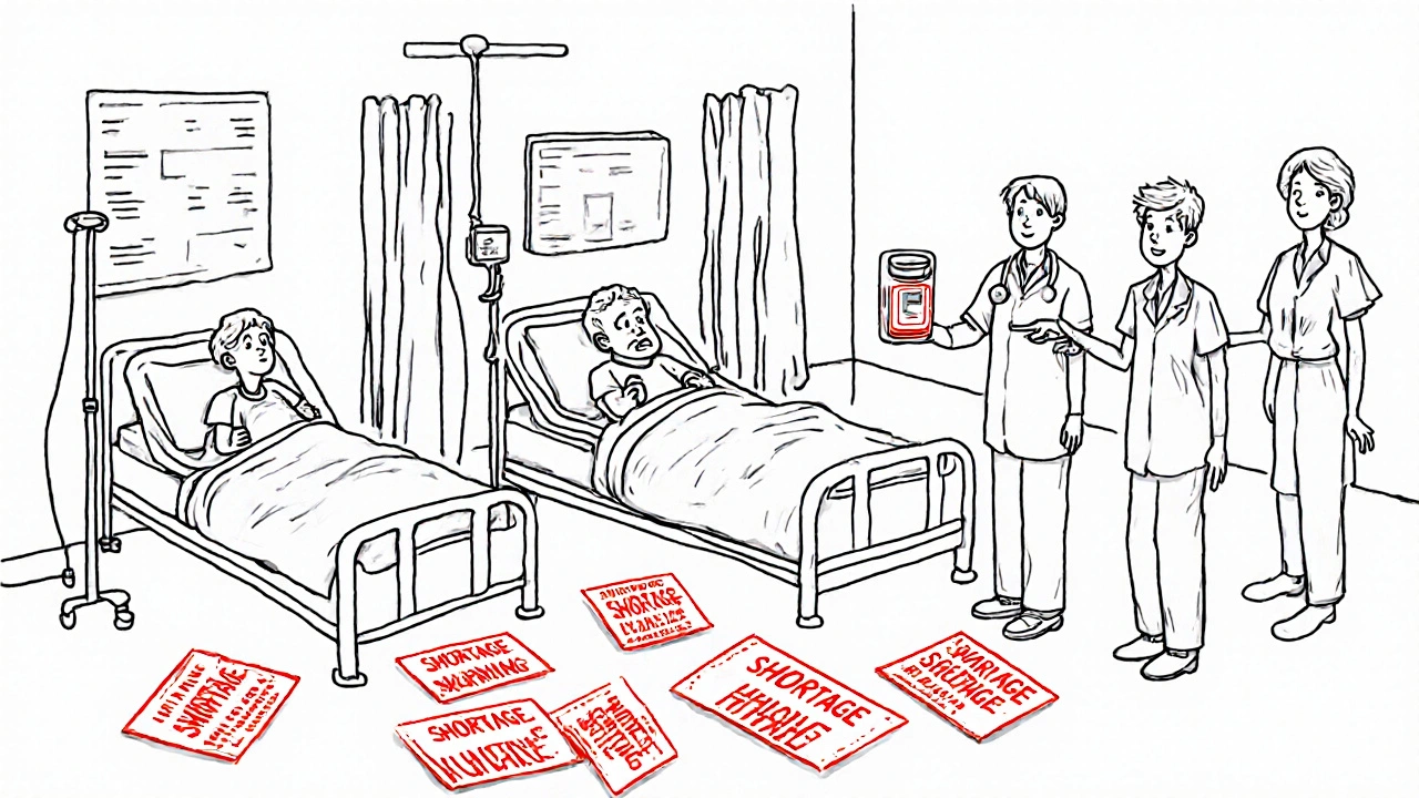 Doctor holding the last antibiotic vial while two nurses point to patients in a hospital ward.