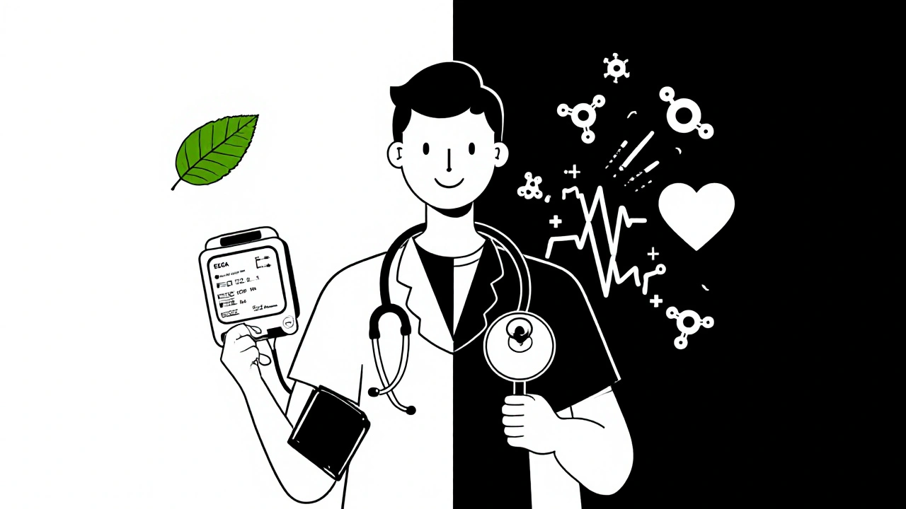 Doctor with blood pressure monitor and patient&#039;s erratic ECG line disrupted by green tea compounds.