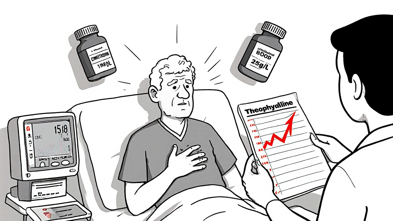 Elderly man in hospital with heart monitor and dangerous drug labels.