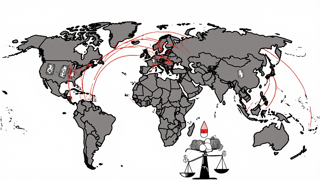 Global map showing antibiotic supply disruptions from India and China to cities worldwide.