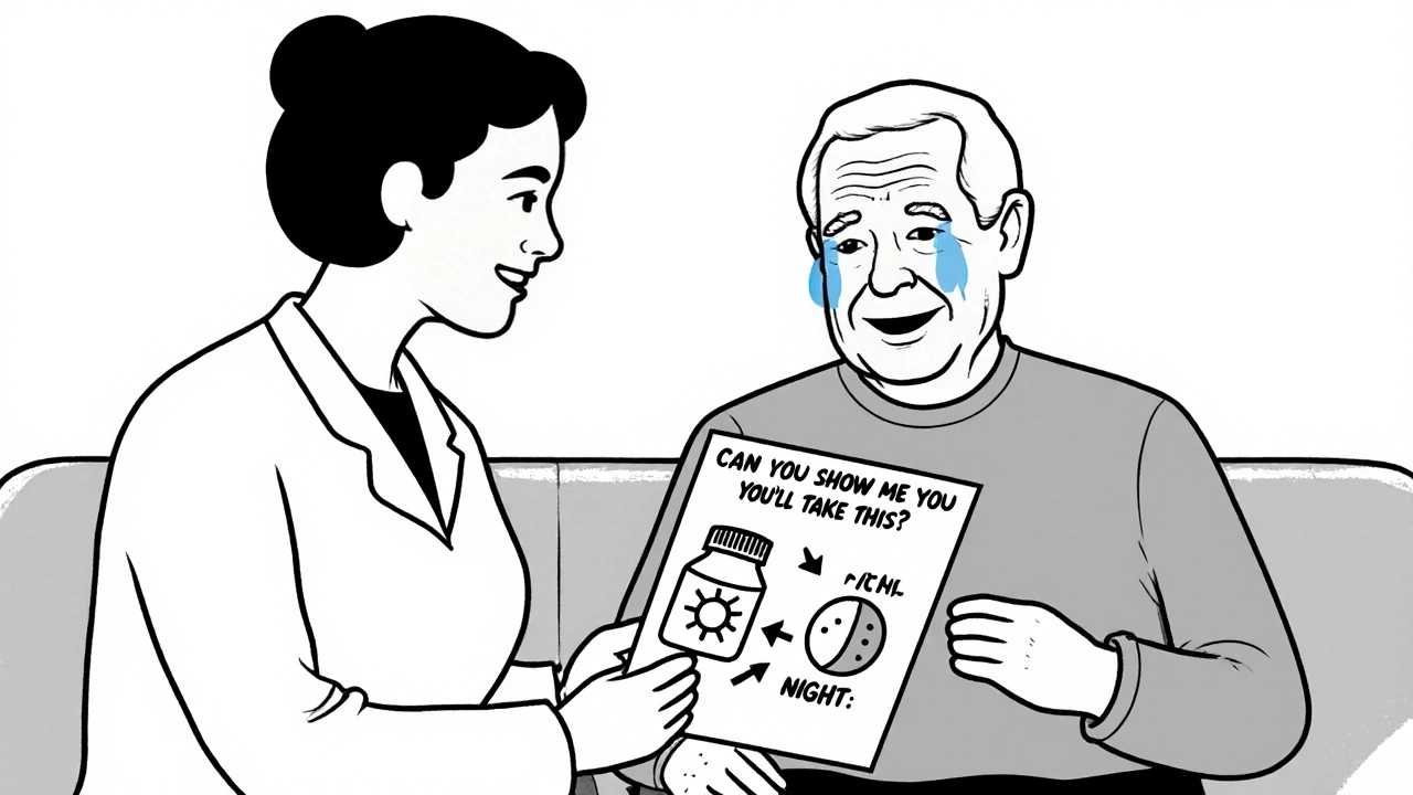 Healthcare provider and older adult reviewing illustrated pill schedule together on couch.