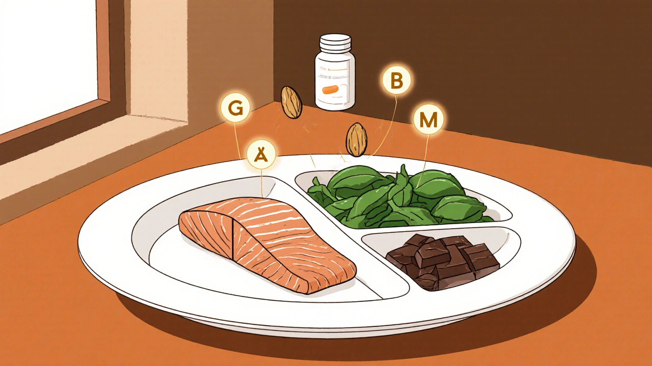 Healthy plate with salmon, spinach, almonds, and dark chocolate sending nutrients toward a pill, symbolizing improved effectiveness.
