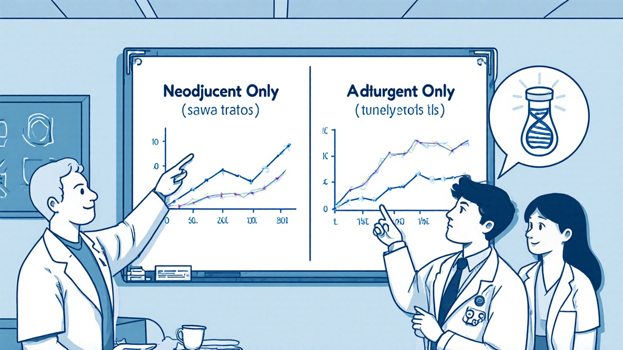 Medical team at a whiteboard comparing neoadjuvant and adjuvant therapy, with rising survival graph and glowing ctDNA vial.