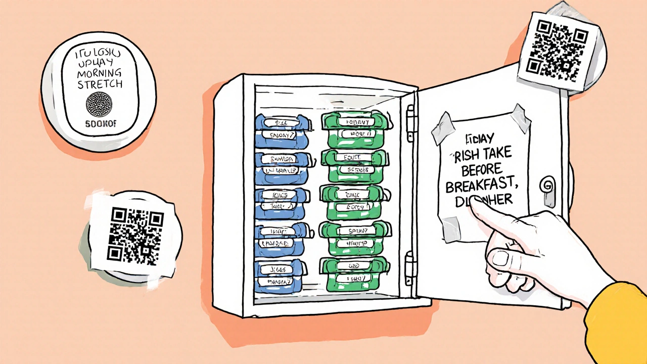 Medicine cabinet with color-coded pill organizers and voice tech icons on wall.