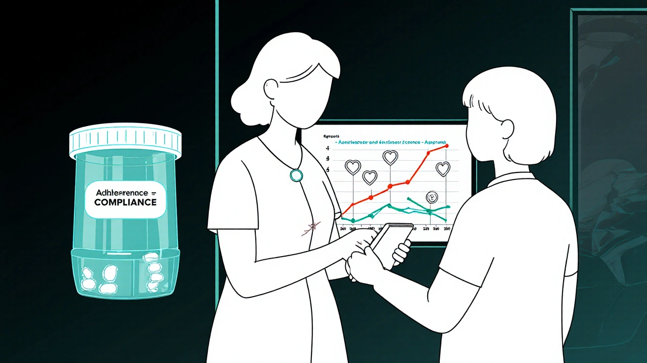 Nurse and patient reviewing adherence progress on a tablet, with a smart pill dispenser in the background.