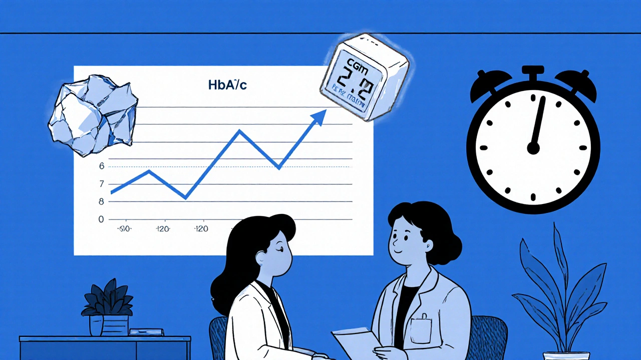 Patient and dietitian meeting with HbA1c graph and sugar cube crumbling in detailed line art.