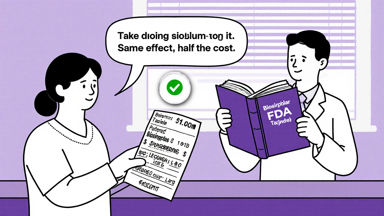 Patient receiving biosimilar at pharmacy while doctor points to FDA Purple Book.