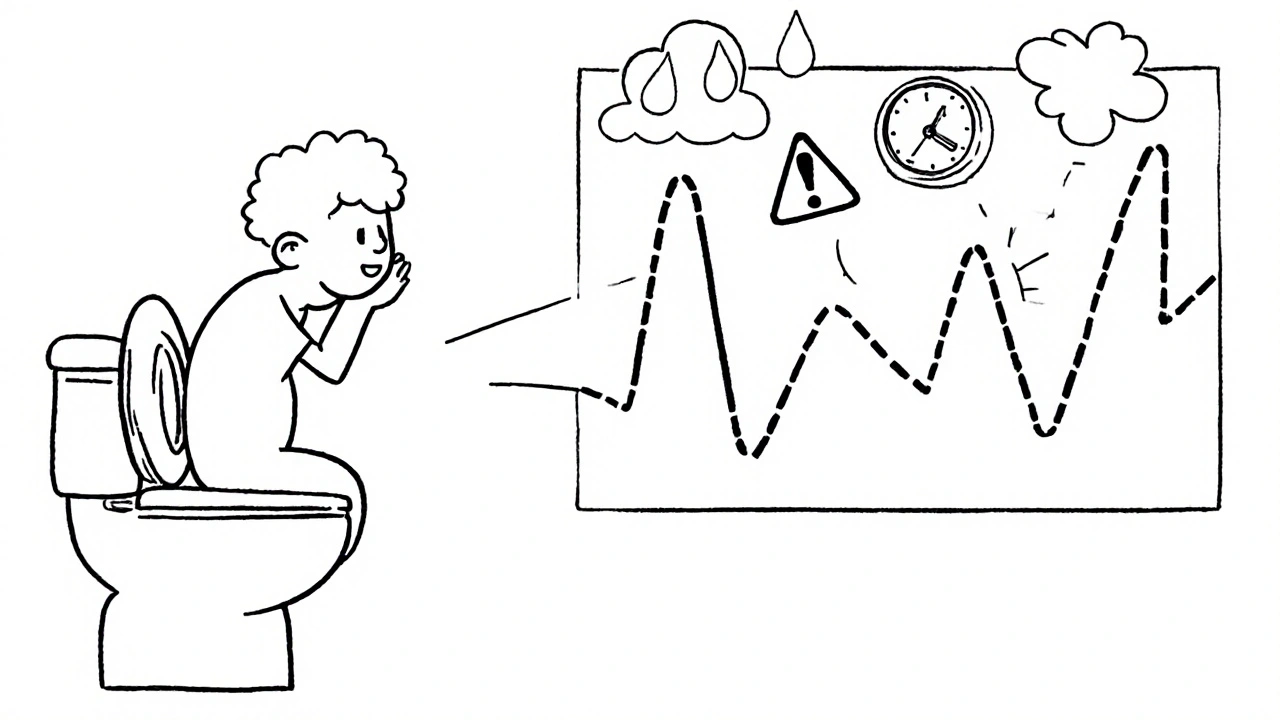 Person on toilet with split colon paths showing normal vs. bisacodyl-stimulated movement