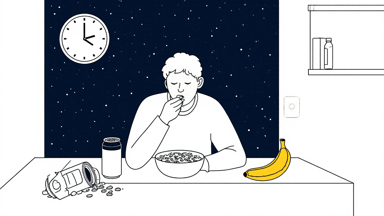 Person taking doxepin with banana and oats at night, trash bin with grapefruit juice and energy drink nearby.