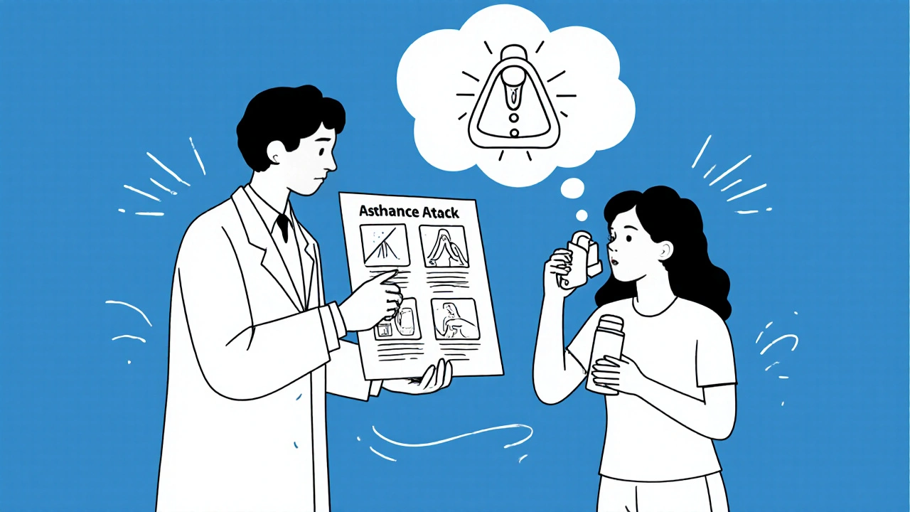 Pharmacist showing a patient how to use an inhaler using the teach-back method, with a step-by-step guide and breath motion lines.