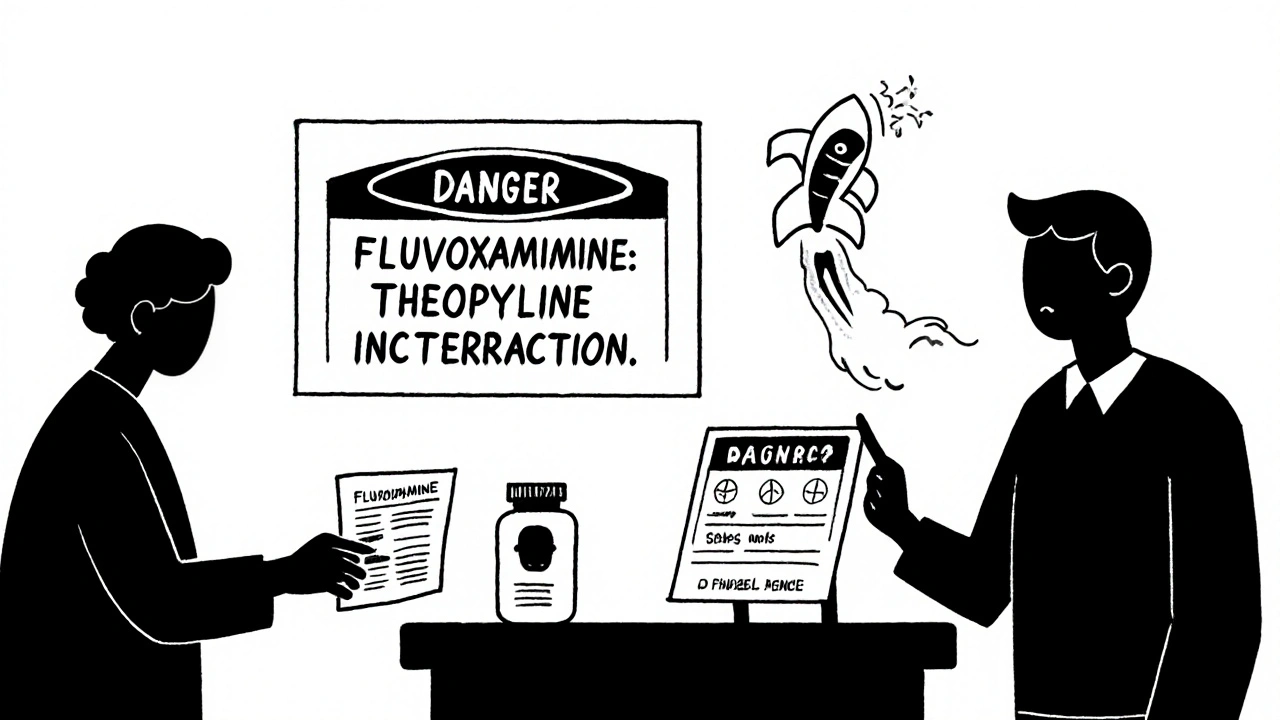 Pharmacist warning patient about theophylline and fluvoxamine interaction.