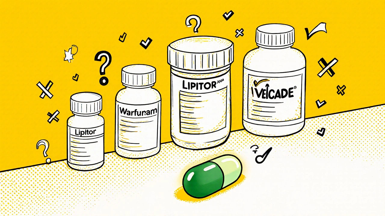 Pharmacy shelf with medications and a glowing green tea extract capsule surrounded by warning symbols.