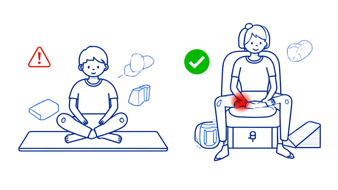 Side-by-side comparison of harmful and helpful sitting positions for hip pain
