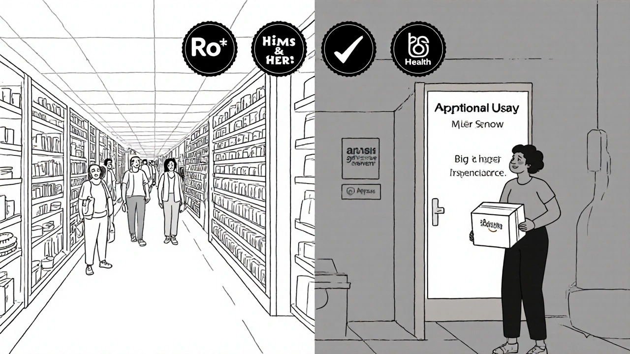 Side-by-side: frustrated pharmacy wait vs. happy doorstep delivery of meds.