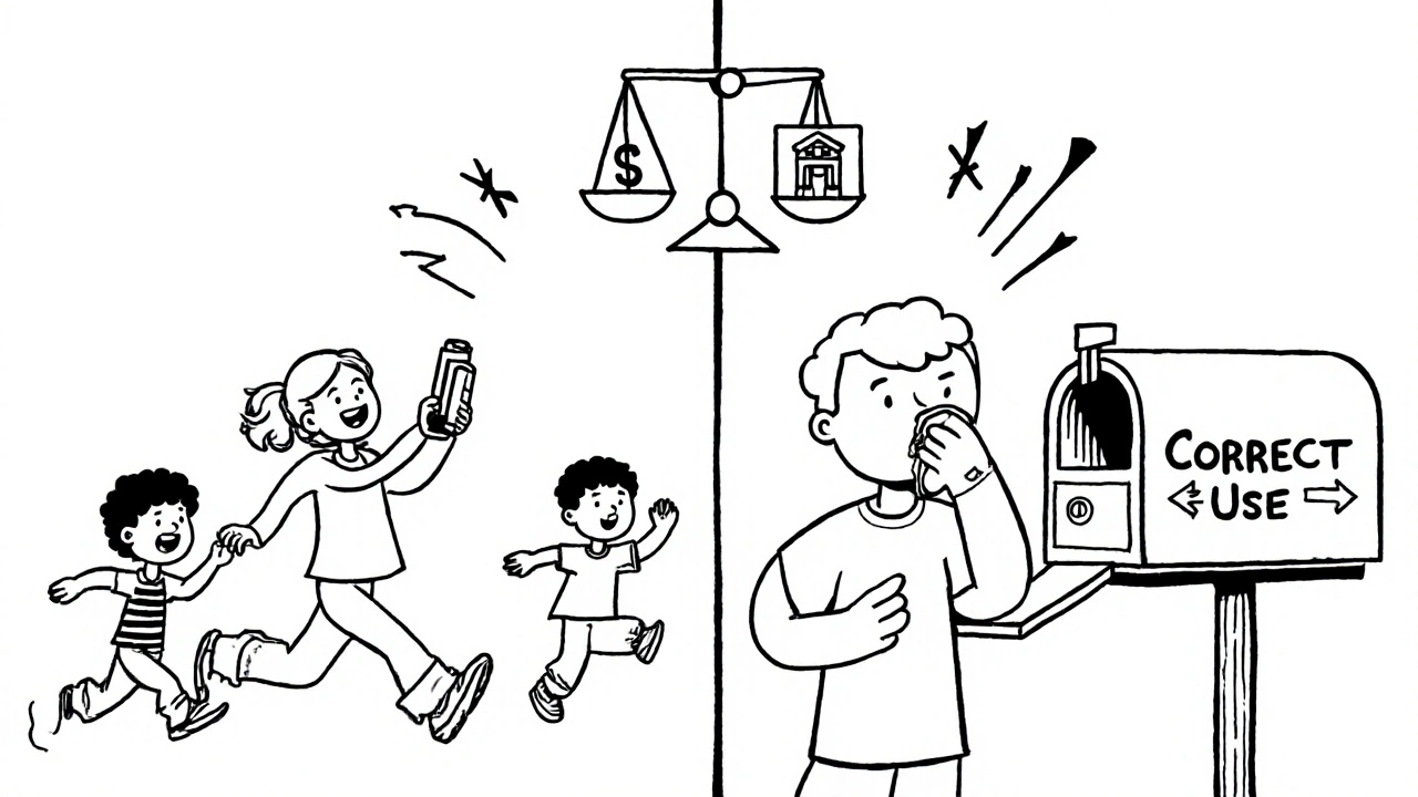 Split image: one side shows a person running happily with an inhaler, the other gasping at a mailbox, symbolizing correct vs. incorrect use.