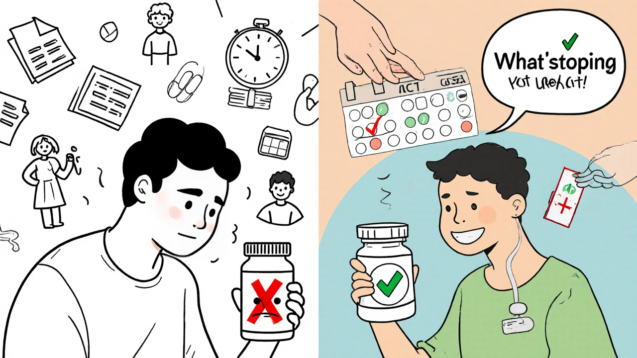 Split image: patient overwhelmed by barriers vs. supported with personalized solutions for taking medication.