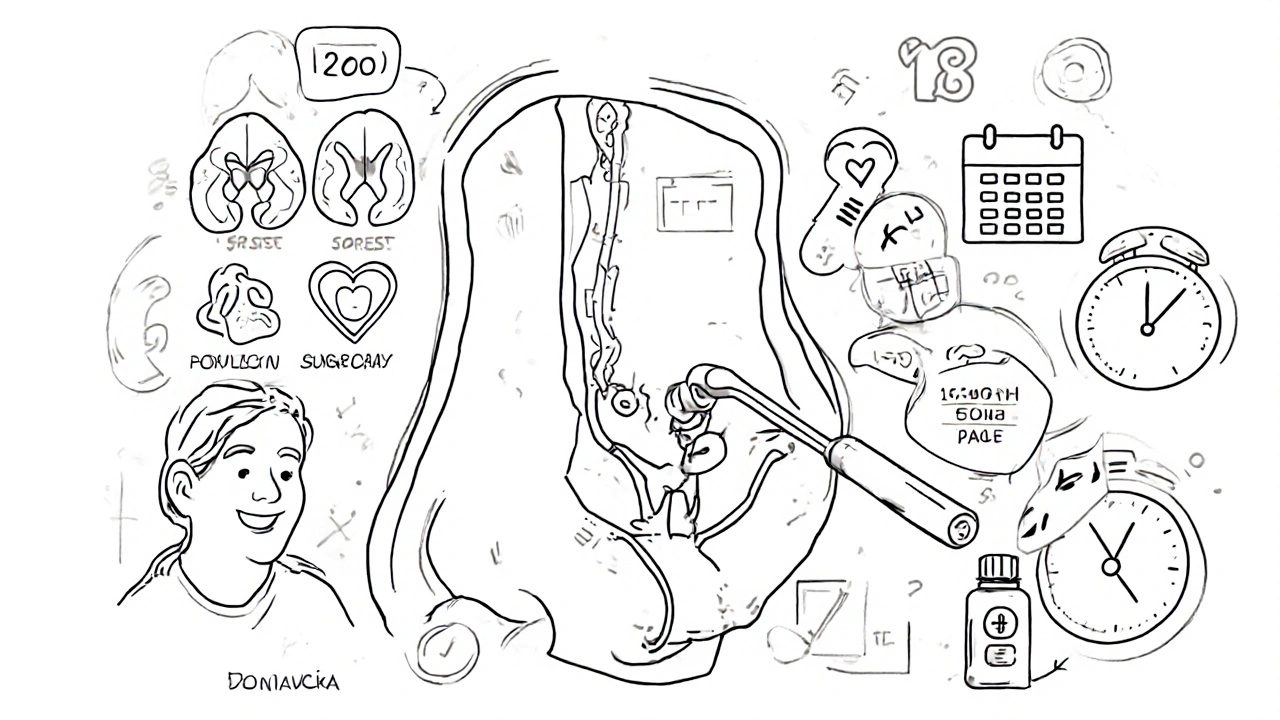 Surgical removal of pituitary tumor through nose with monitoring icons and dropping prolactin levels