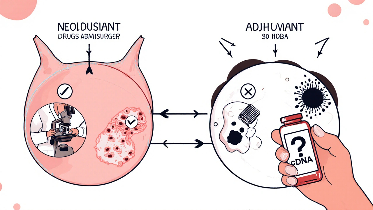 Two treatment paths for breast cancer: neoadjuvant with clear pathology results and adjuvant with lingering cells, plus a ctDNA blood test.