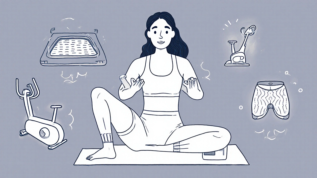 Yoga instructor using blocks to modify pose, with low-impact exercise icons around