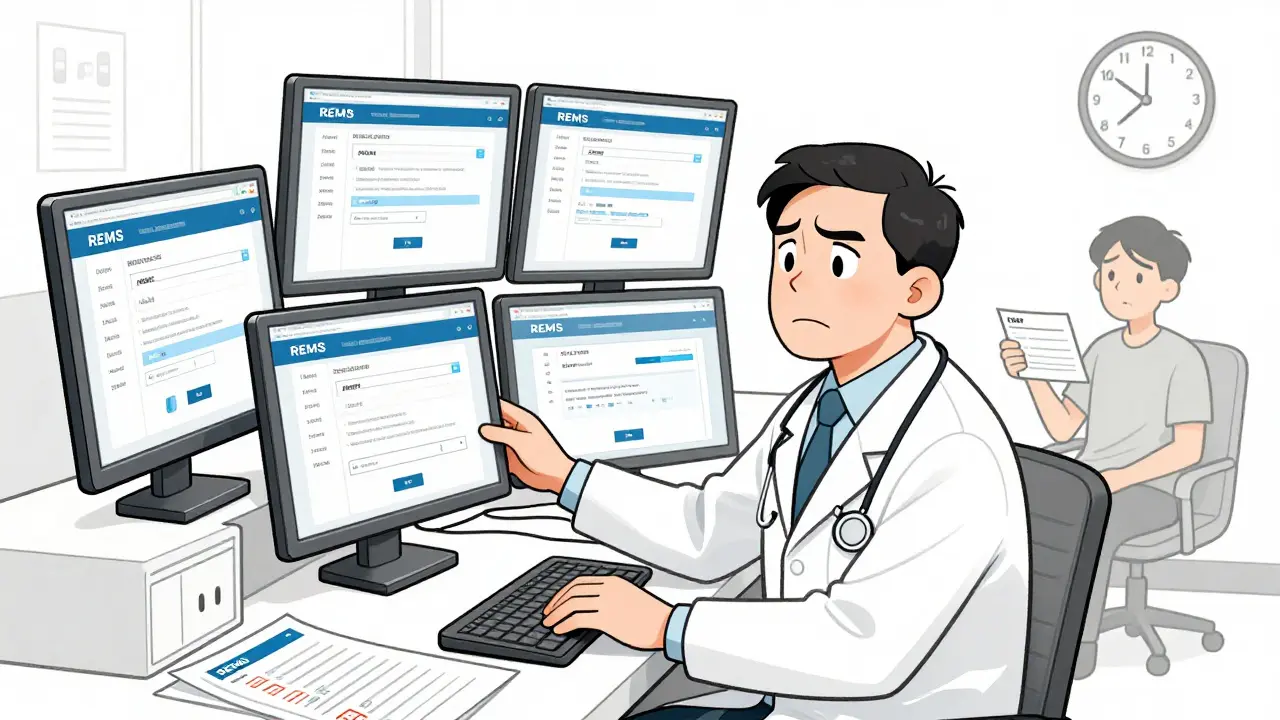 A doctor overwhelmed by multiple REMS portal screens while a patient waits.