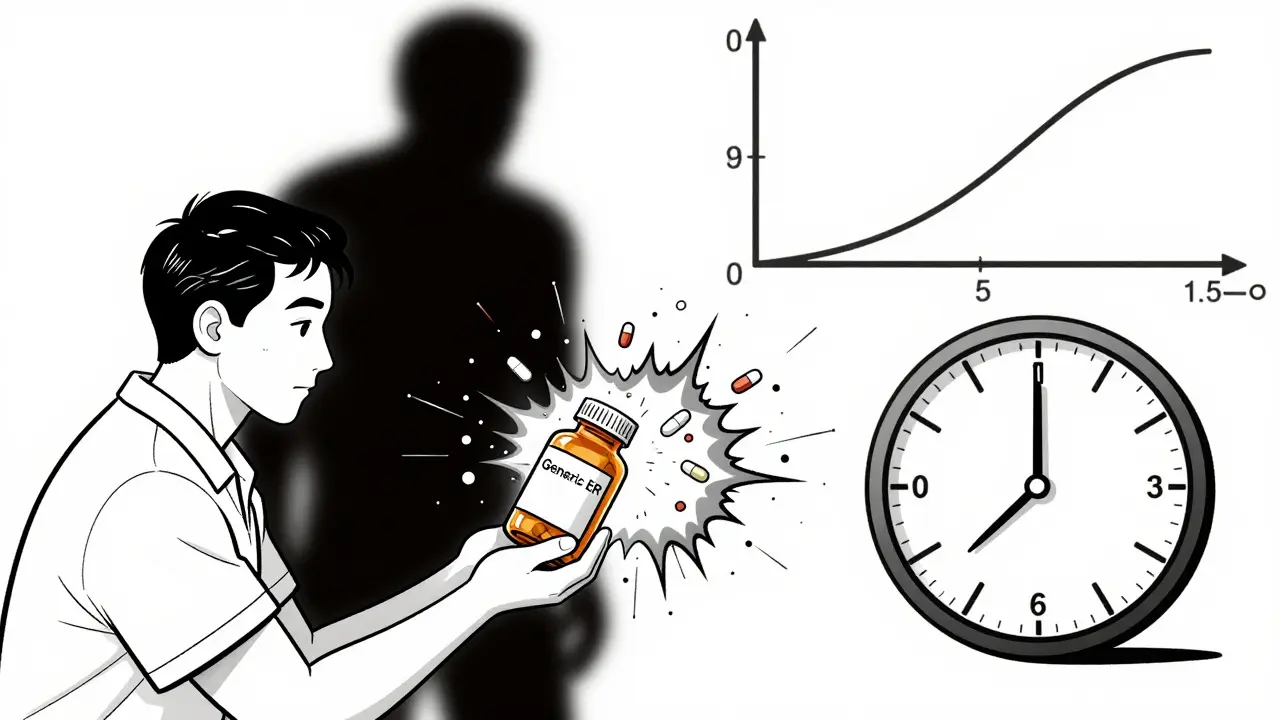 A generic extended-release pill exploding due to alcohol exposure with time-phase curves.
