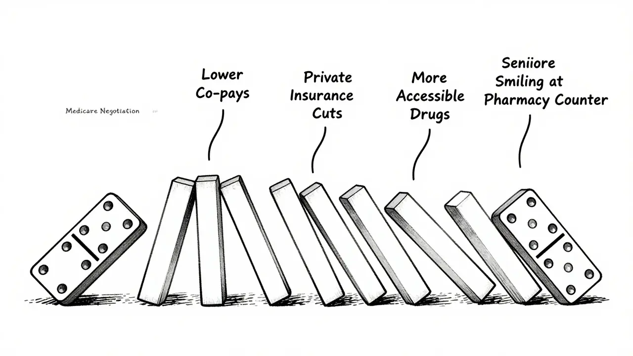 A line of dominoes falling, each labeled with the impact of Medicare drug price negotiations on patients and insurers.