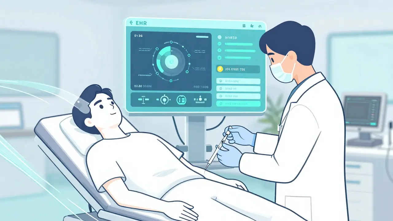 A modern clinic where EHR systems automatically manage REMS safety protocols.