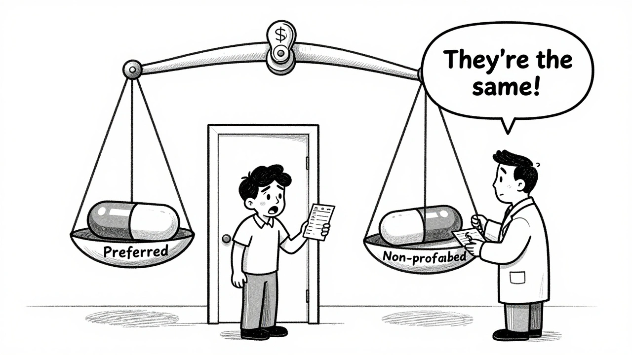 A patient facing a giant scale tipped by dollar signs, comparing identical generic drugs labeled preferred and non-preferred.
