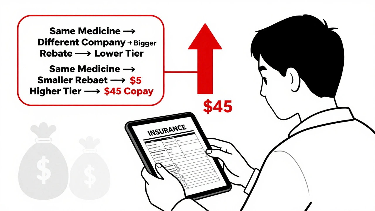 A patient viewing a formulary chart showing how rebates determine drug tiers, with a price jump from  to .