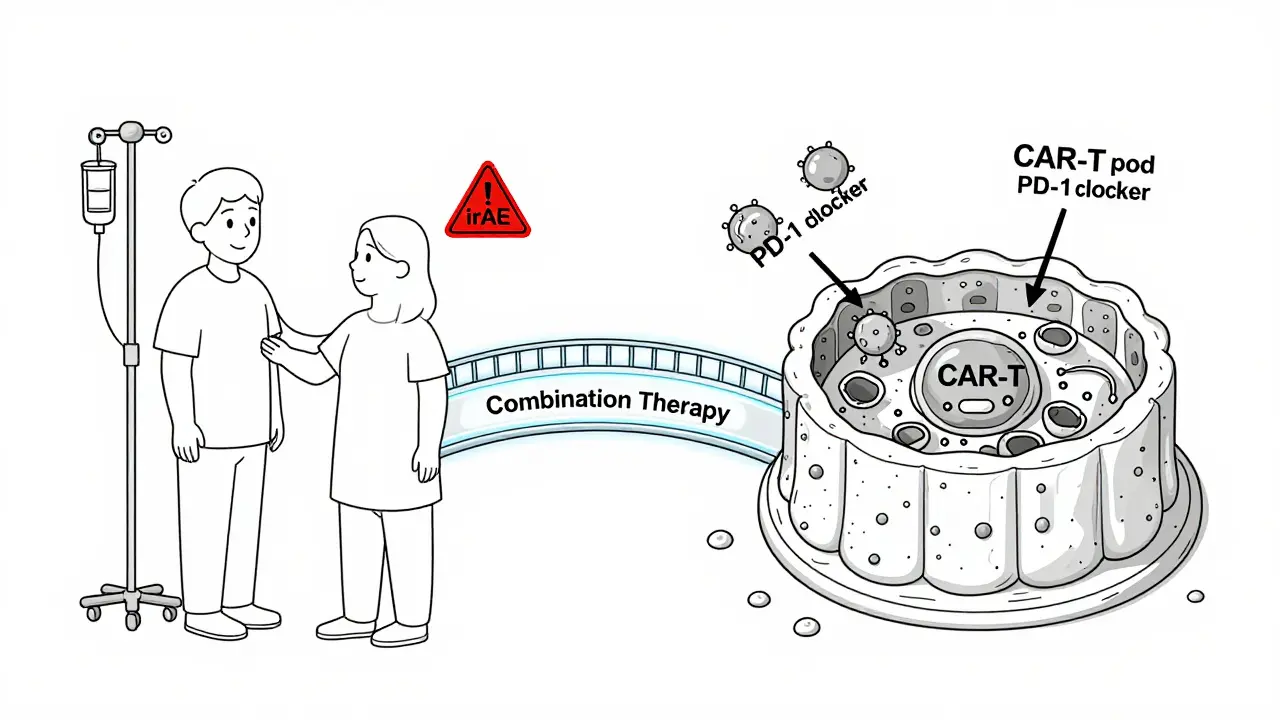 A split illustration showing checkpoint inhibitors and CAR-T therapy combining to target tumors with fewer side effects.