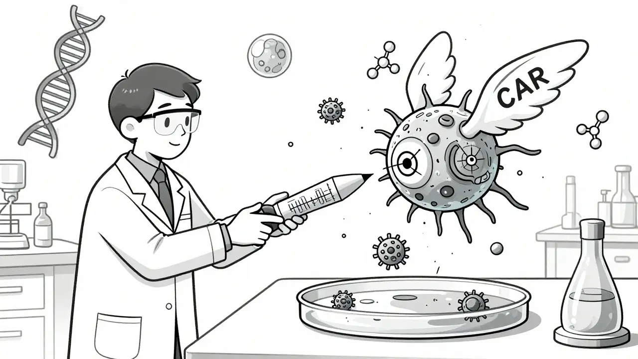 A T-cell being genetically engineered into a CAR-T missile in a lab, shown in detailed line art.