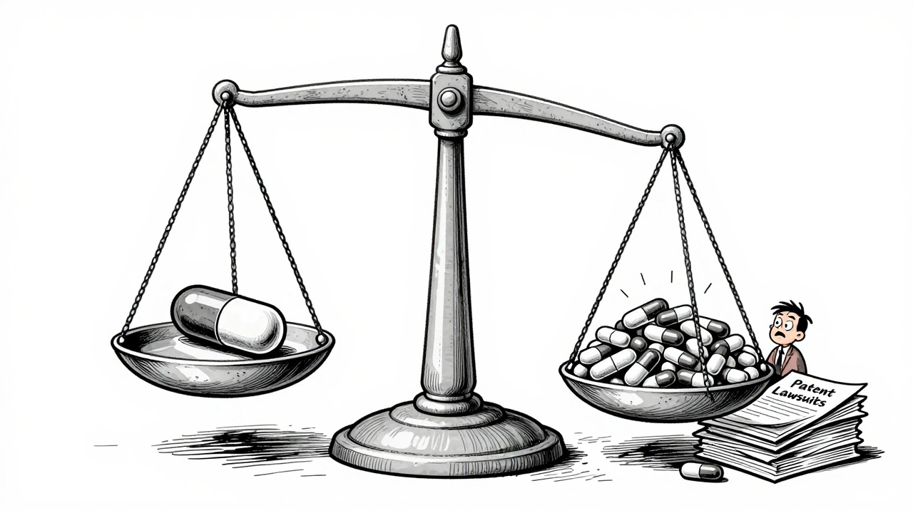 An FDA scale tips under the weight of delayed generics versus one launched pill, with a patient watching.
