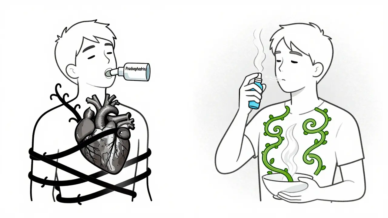Contrasting images: one with harmful pill affecting heart, other with safe steam and saline spray.