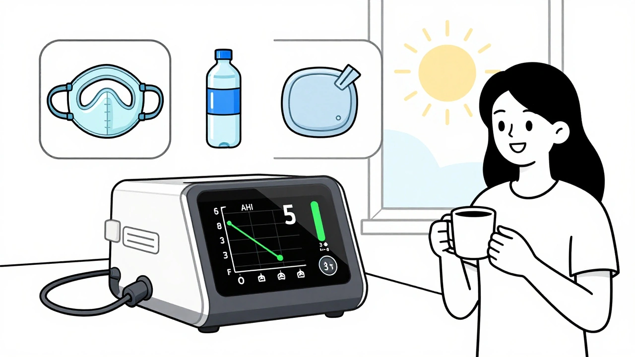 CPAP machine dashboard showing improved metrics, clean equipment, and sunrise through window.