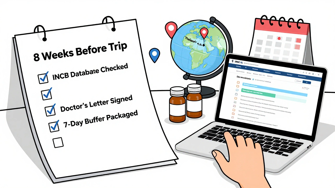 Desk checklist with prescription bottles, doctor’s letter, and globe showing high-risk countries for medication.