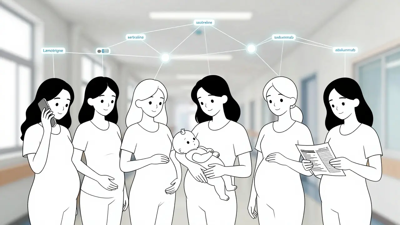 Diverse group of pregnant women connected by a data network of medications, symbolizing shared knowledge and support.