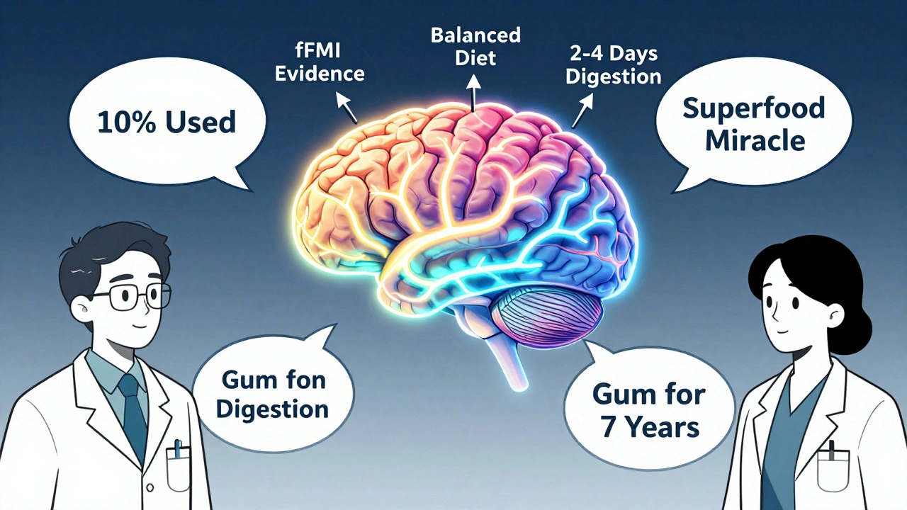 Fully lit brain with debunked myths pierced by evidence arrows, doctor and patient observing.