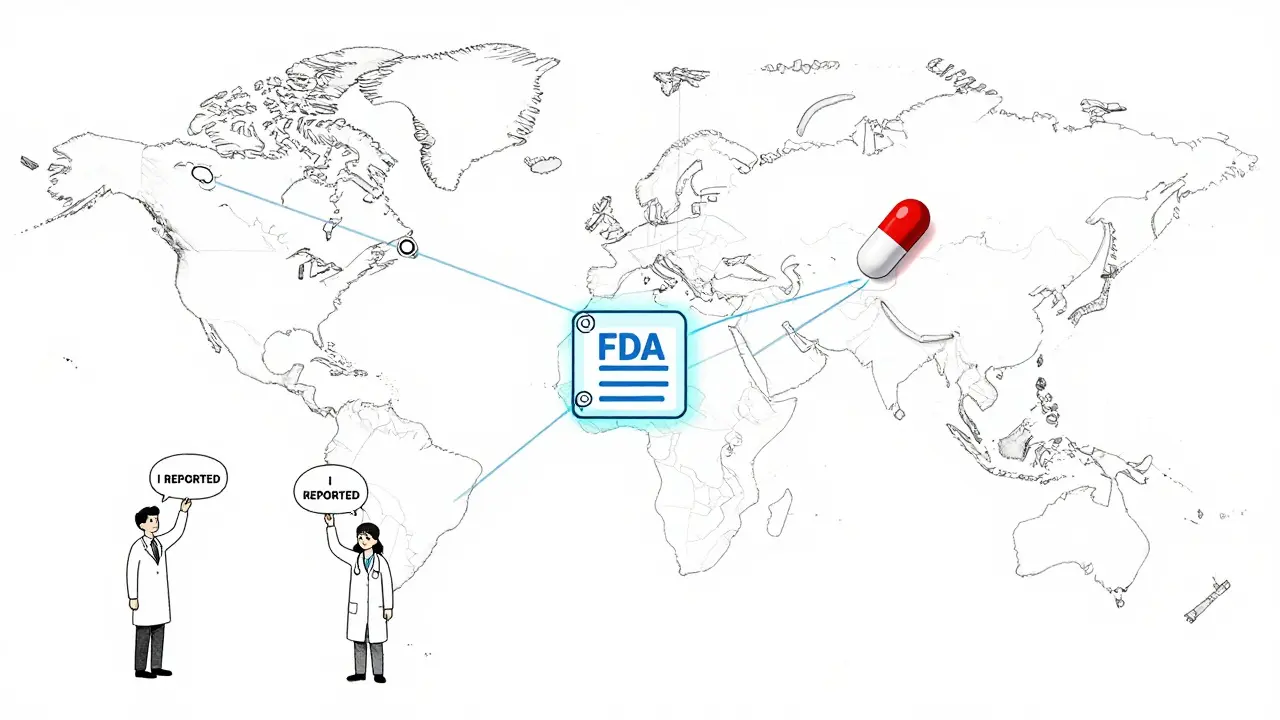 Global network of reports converging on FDA database, with individuals signaling they reported fake meds.