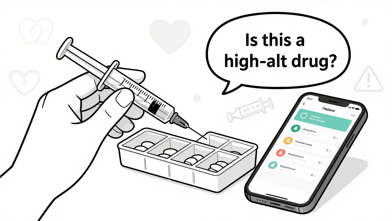 Hand measuring liquid medicine with syringe, pill organizer, and phone reminder app nearby.