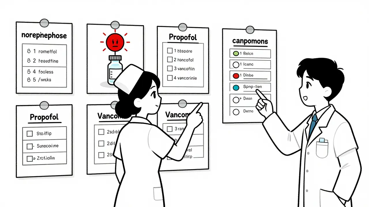 Hospital wall poster listing critical drug alternatives in simple boxes with expired vial alarm