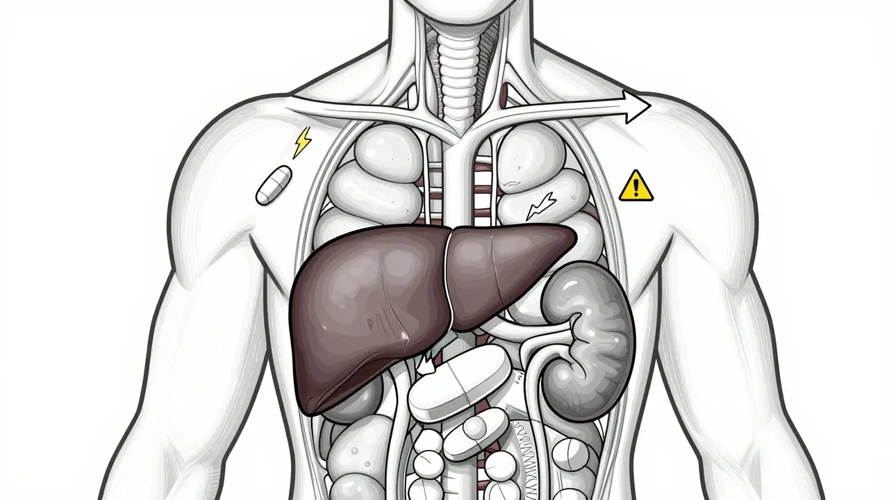Human body outline showing inconsistent drug absorption from two generic pills into key organs.
