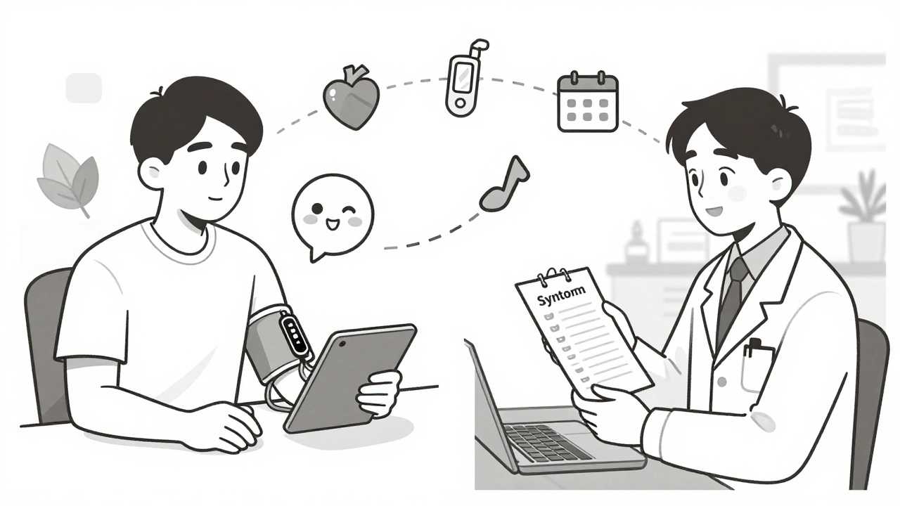 Man using digital health tools at home, then confidently talking to his doctor with a symptom log.