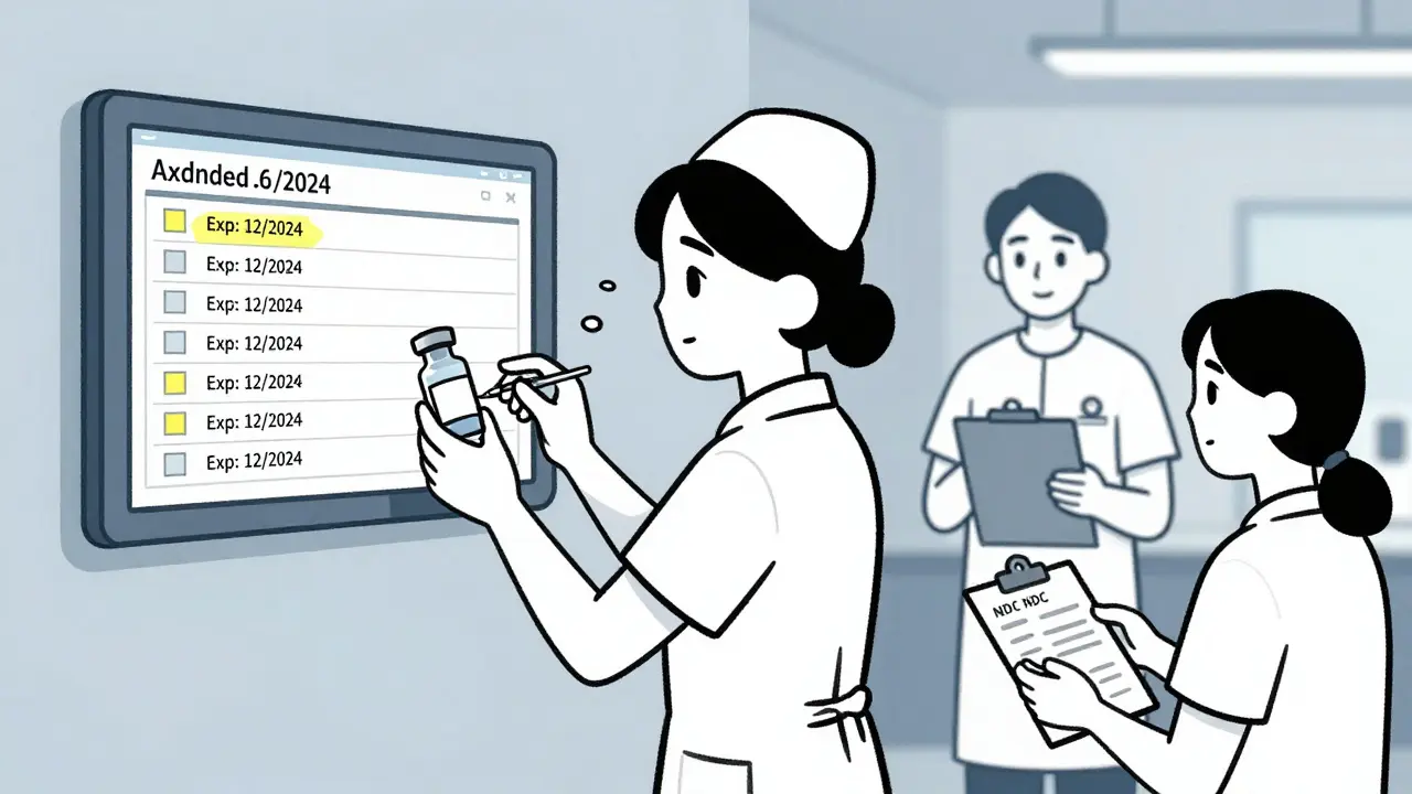 Nurse verifying an extended expiration lot on a digital screen while administering medication to a patient.