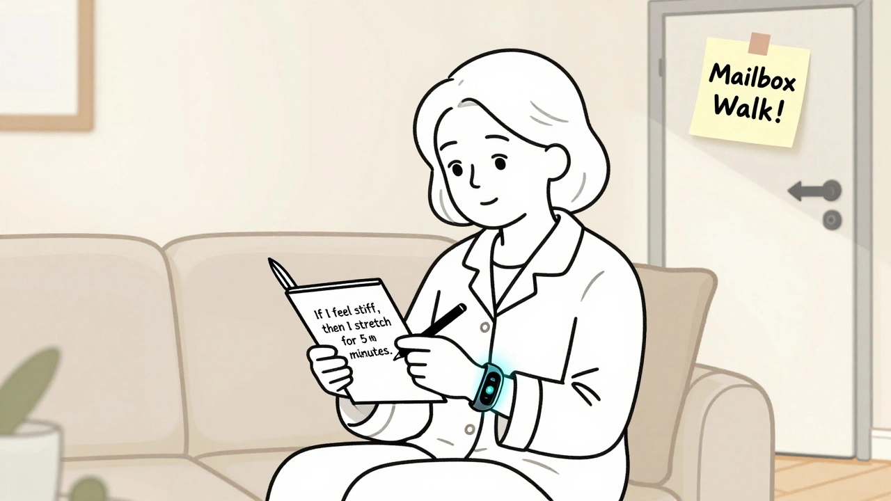 Older woman writing an action plan in her notebook with a fitness tracker on her wrist.