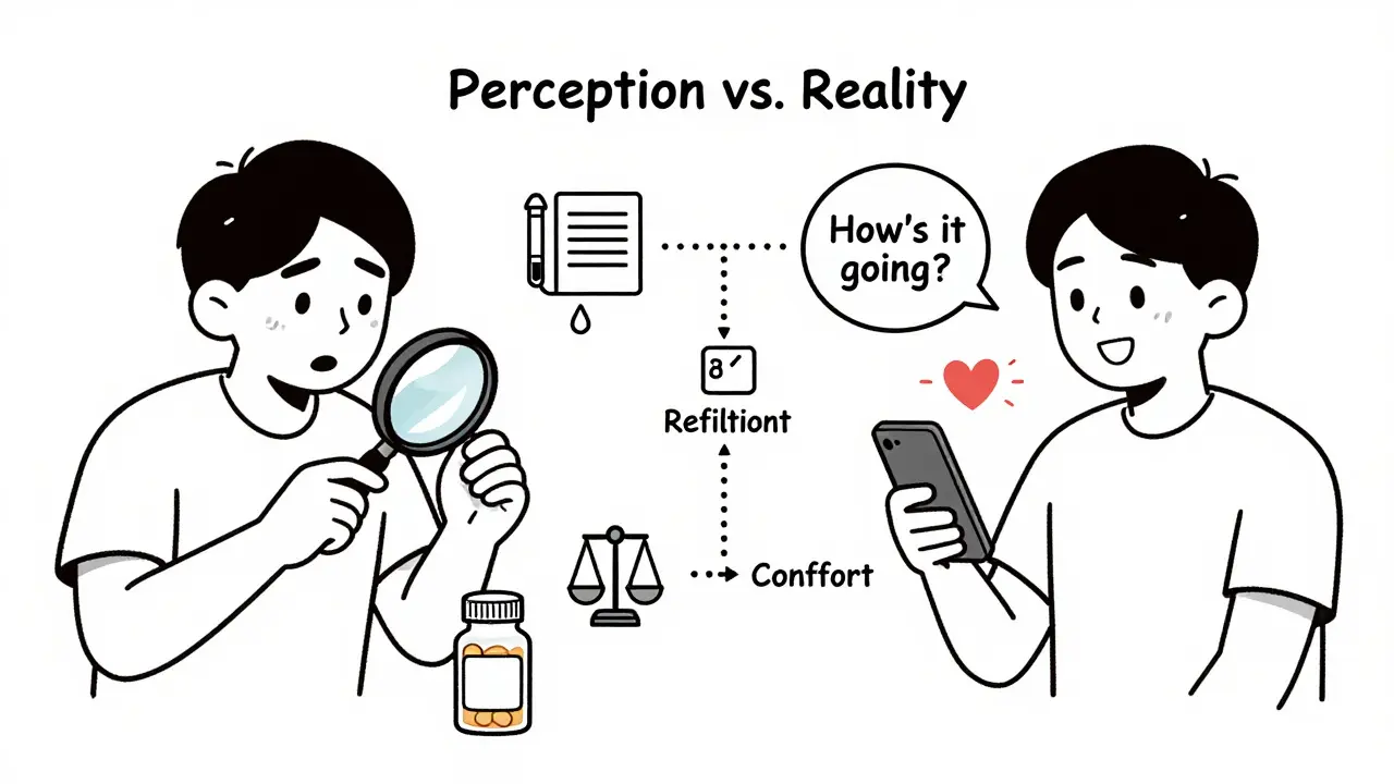 Patient anxious about pills vs. smiling after a supportive text message.