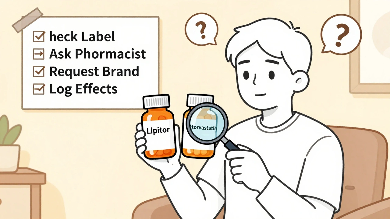 Patient comparing brand and generic pill bottles at home with a magnifying glass and checklist.