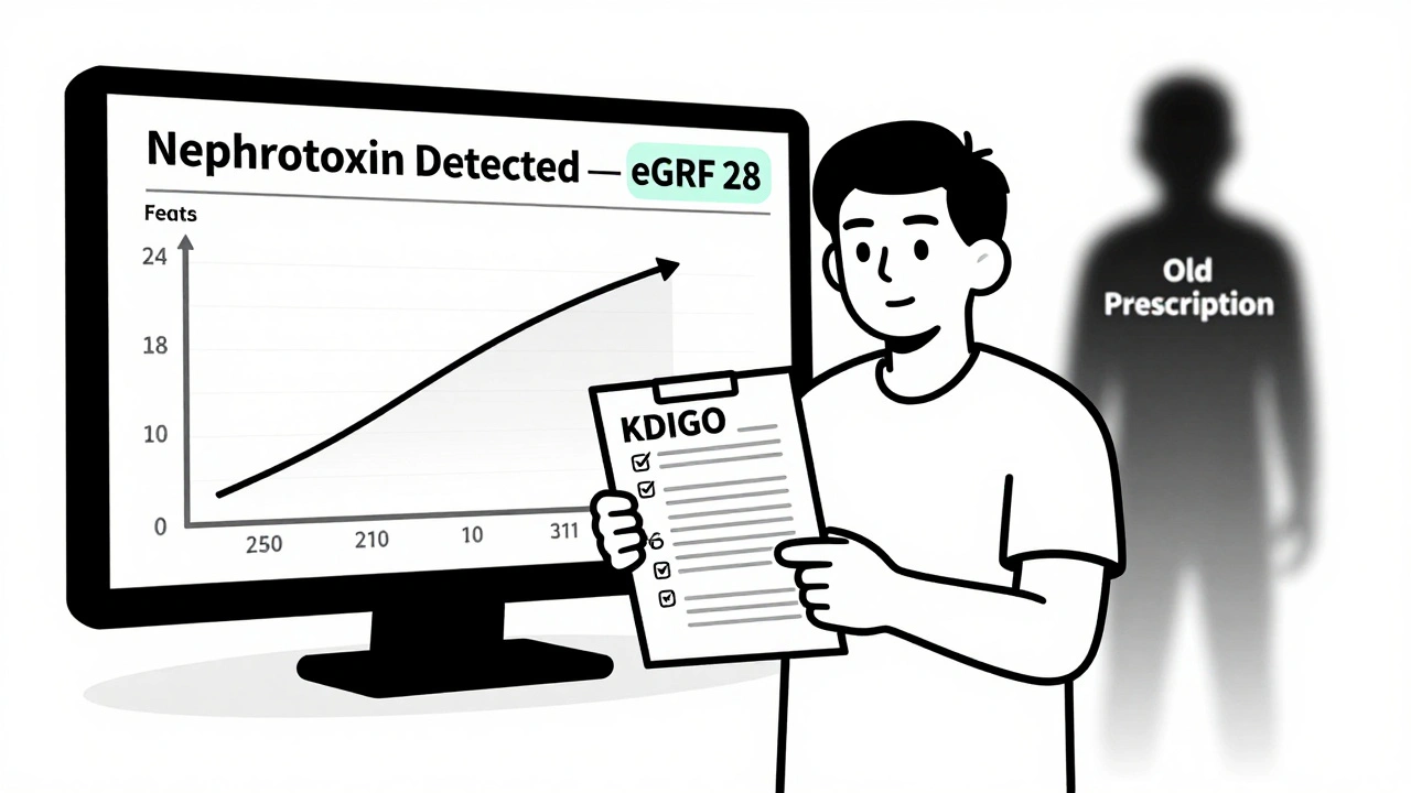 Patient holding KDIGO checklist as AI alerts nephrotoxin risk, kidney function improving in background.