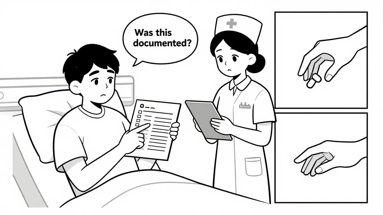 Patient questioning documentation in hospital, with inset showing near-miss medication error.